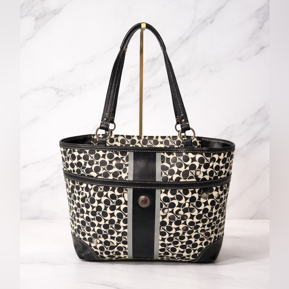 🖤 Coach Chelsea Heritage Stripe Signature Tote F15137 Black White